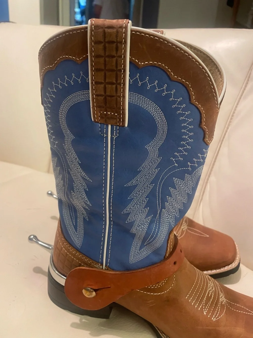 Durango Brown & Blue Leather Western Harness Boots - NWOT, with Rounded Spurs! - Picture 5 of 16